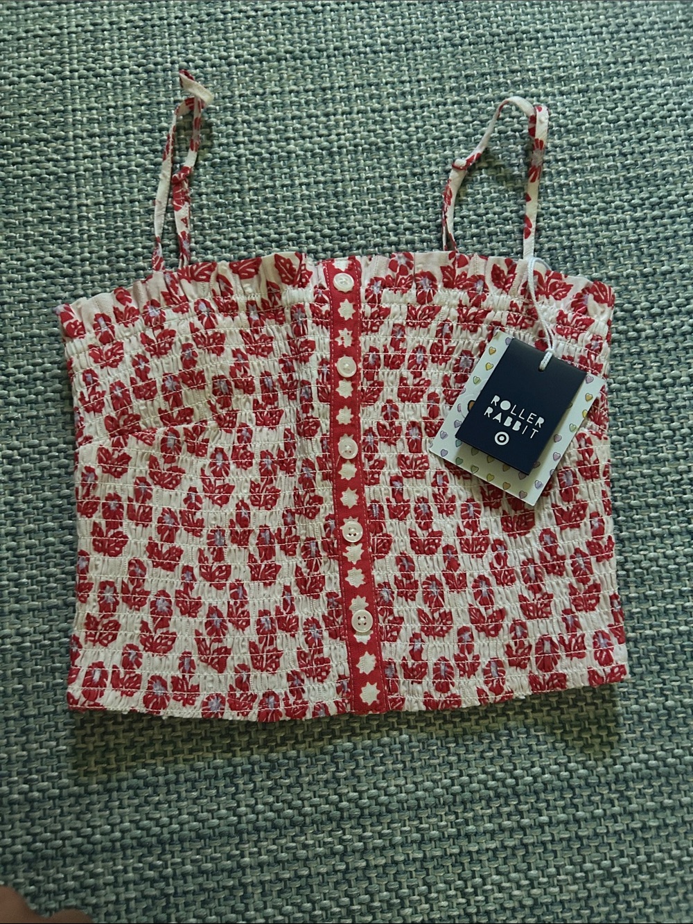Roller Rabbit Red Floral Smocked Button-Front Crop Top